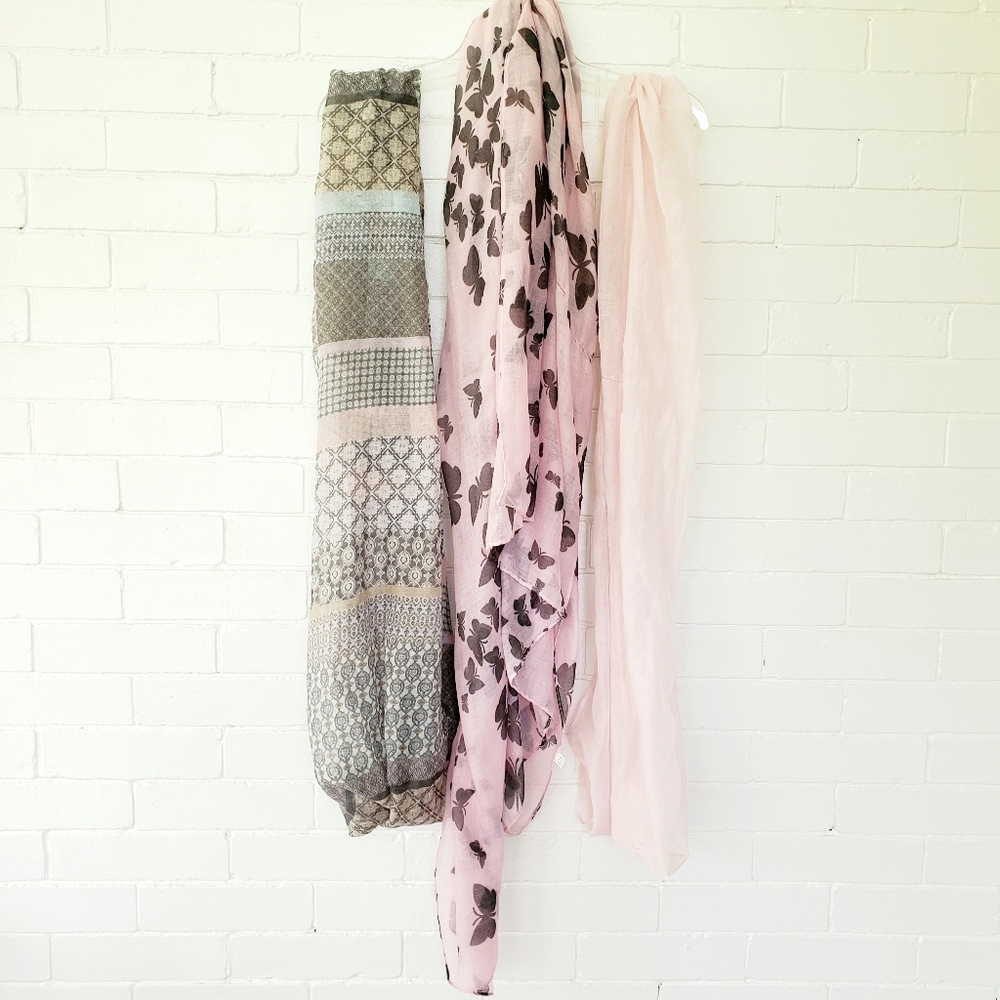 3 light scarves pink, pink butterflies, and grey